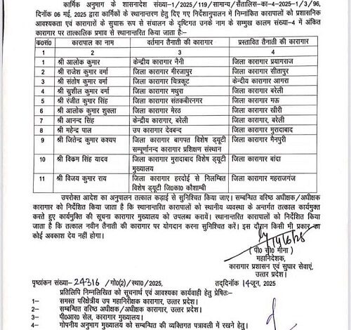 Lucknow: Major administrative reshuffle in UP Jail Department, Jailor, Superintendent and DIG Jail transferred